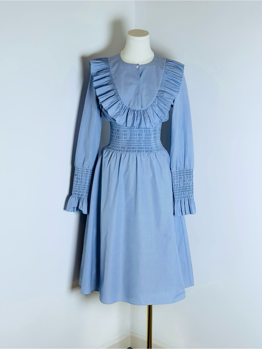 Tory Burch Light Blue Ruffled Smocked-Waist Long Sleeve Dress